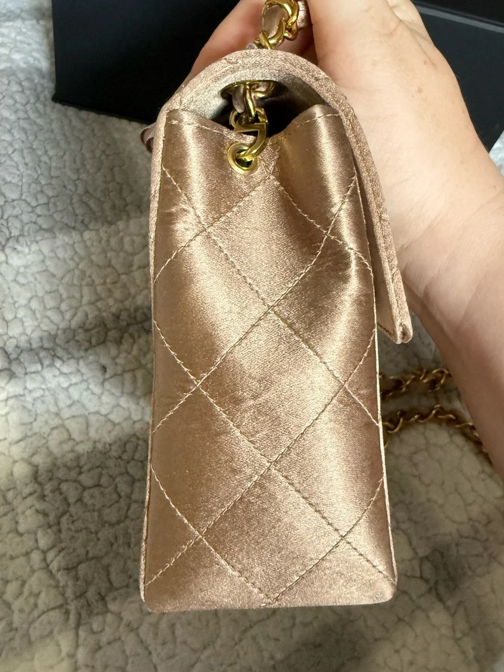 Chanel Quilted Gold Satin Mini Square Classic Single Flap Bag